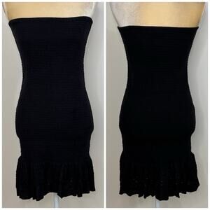 Karina Grimaldi Smocked Strapless Mini Dress Size M Black Ruffle Eyelet